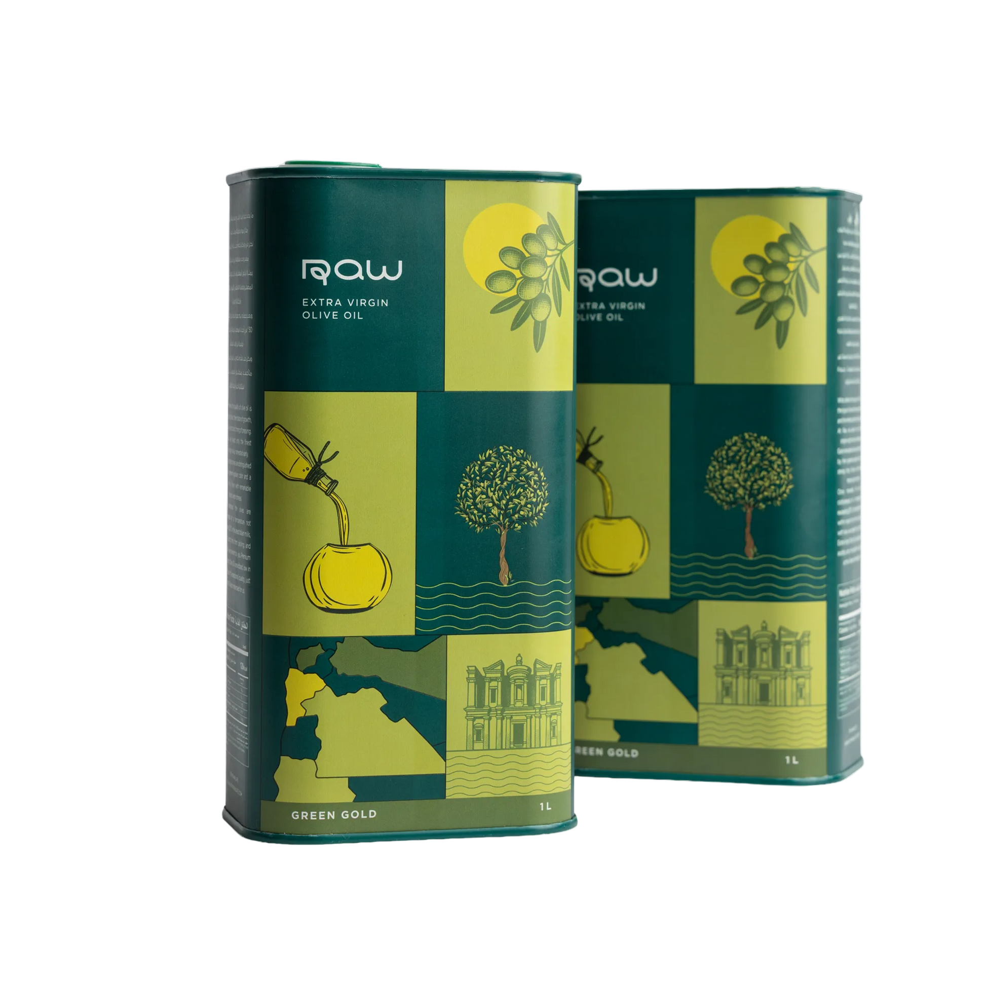 Two green tins of IQaw olive oil with illustrations on a white background