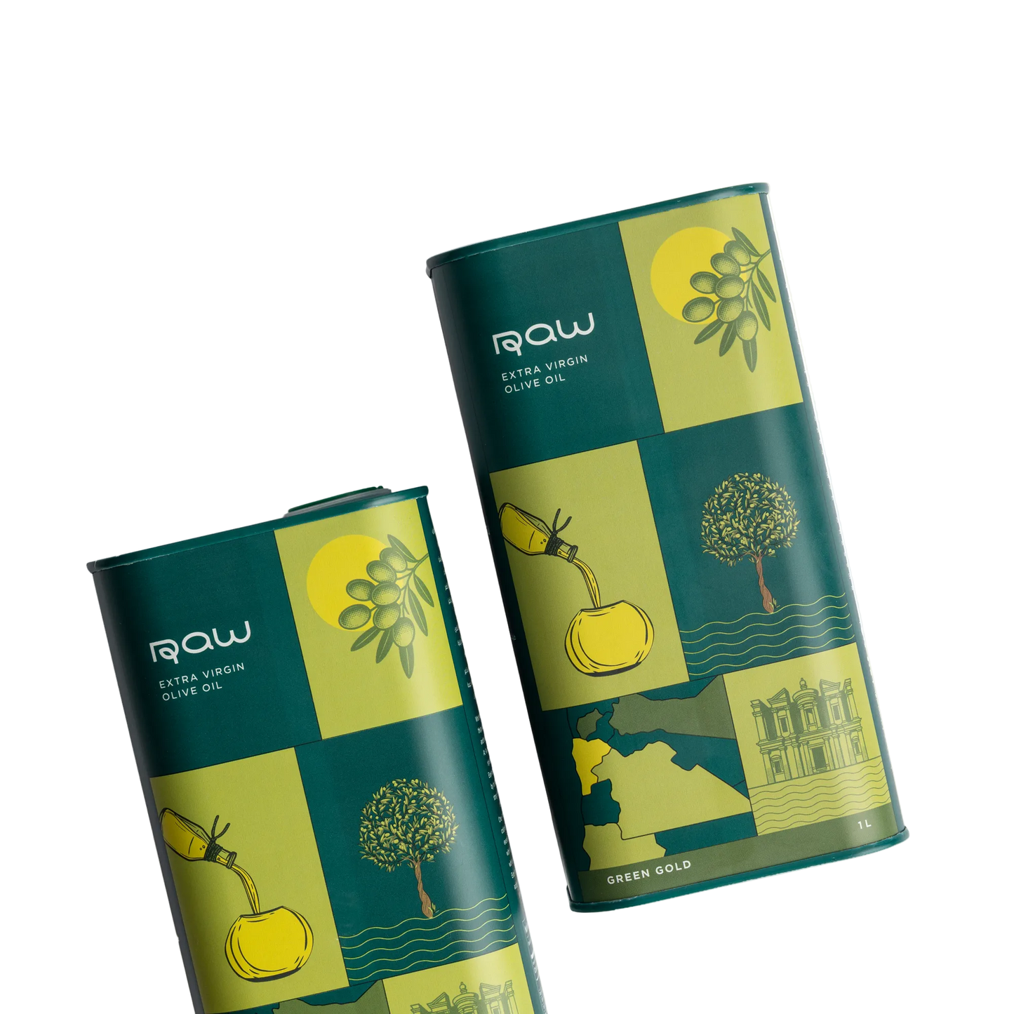Two packages of RQW Extra Virgin Olive Oil with green and yellow design on a white background